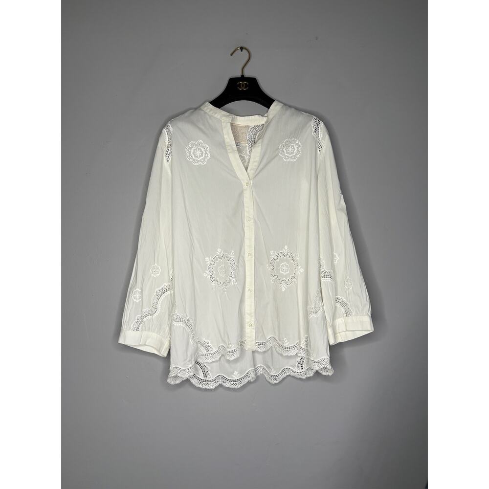 Johnny Was Nura Peasant Button-Down V-Neck White Eyelet Blouse Top Size XL NWOT